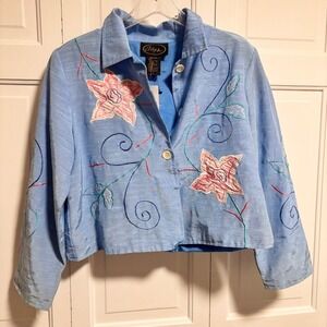 Alexis Kim Blue Embroidered Floral Cropped Jacket Size L Artsy Vintage Classic